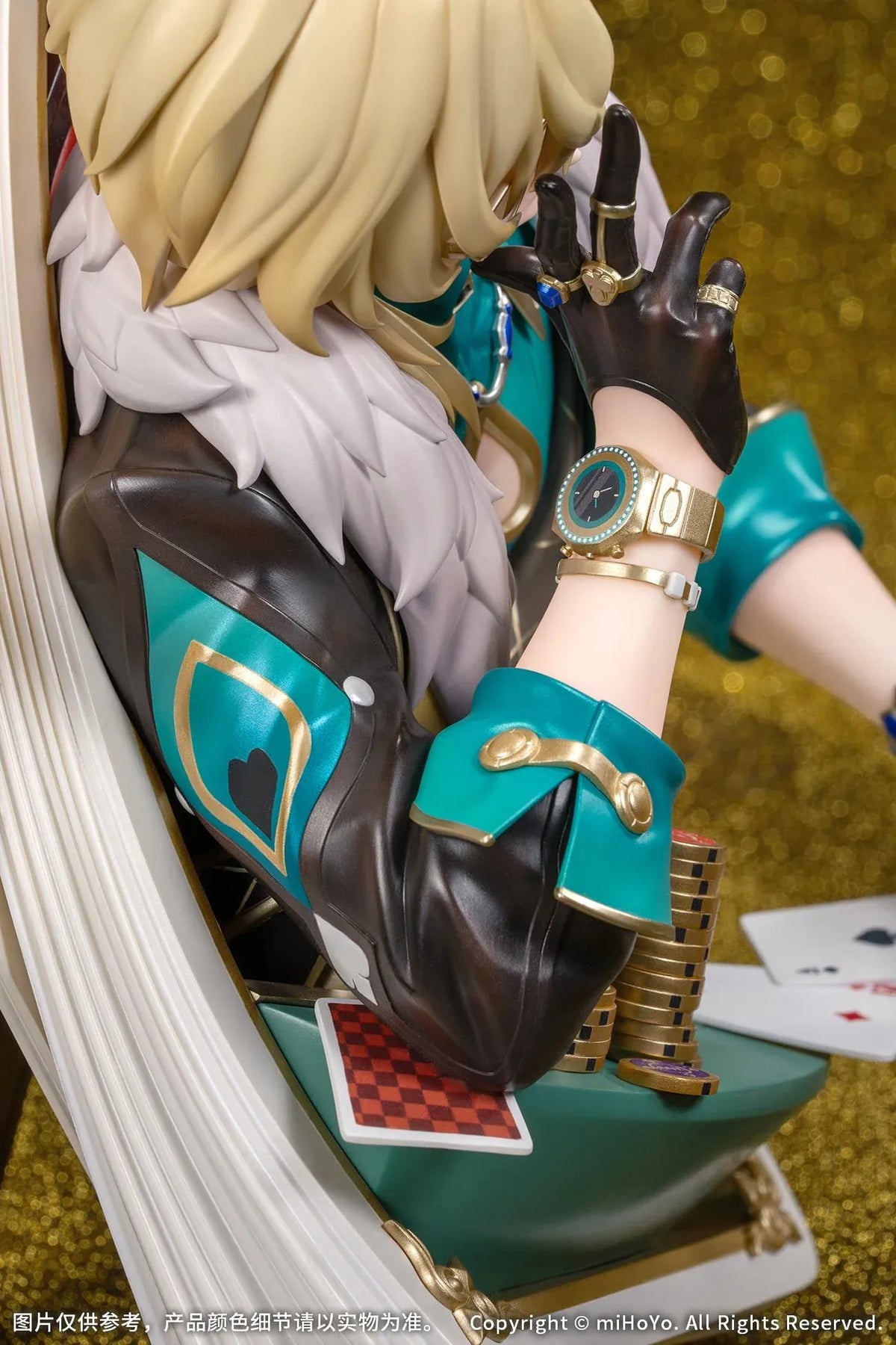 Honkai Star Rail Diorama Aventurine Inherently Unjust Destiny Ver. Non-Scale Figure featuring a blonde-haired character with purple eyes, glasses, a black and teal outfit with gold accents, and a white fur collar surrounded by playing cards, poker chips, and an ornate casino backdrop.