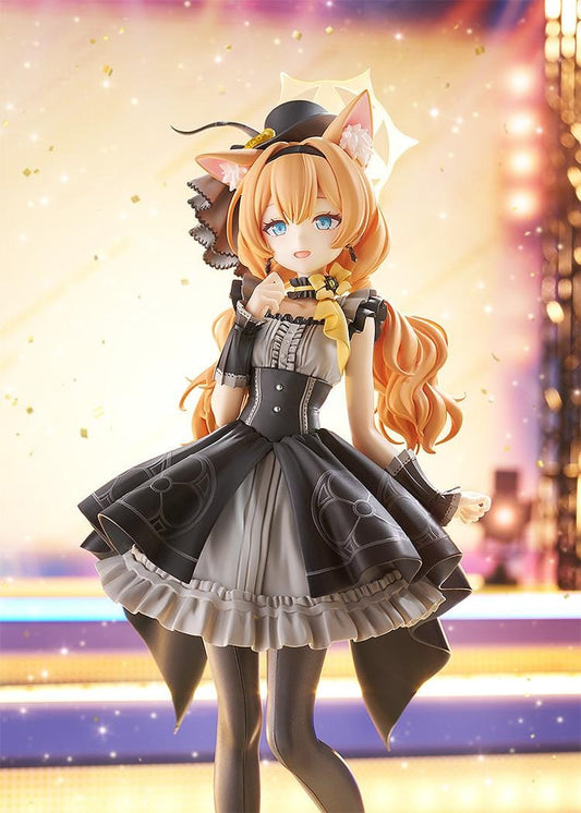 Scale figure of Mari from Blue Archive in her Pop Idol outfit, wearing a black and gray frilled dress with cat ears, hat, and ribboned heels on a yellow base.