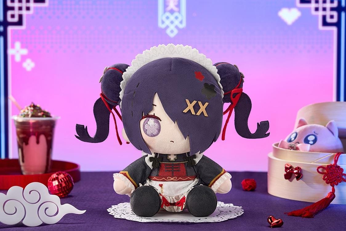 NEEDY STREAMER OVERLOAD Needy Streamer Chinese Restaurant Series Huggy Doll Ame featuring dark purple twin buns, lavender embroidered eyes, red hair ribbons, and a Chinese-inspired red and black outfit with white frills.