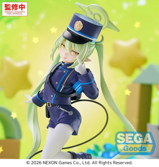 Blue Archive XStellar Nozomi Figure with green hair, uniform outfit, hat, and green crystal-style display base