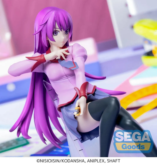 Monogatari Luminasta Hitagi Senjyogahara Figure with purple hair, school outfit, black stockings, and clear staircase display base