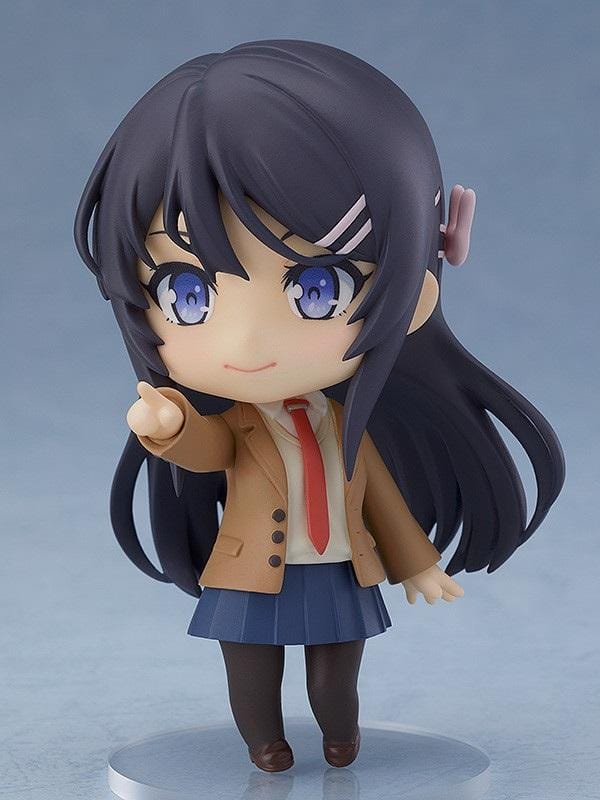 Rascal Does Not Dream of Bunny Girl Senpai Nendoroid Mai Sakurajima Figure (Rerelease) featuring a black-haired anime girl with blue eyes wearing a brown school blazer, red necktie, navy-blue pleated skirt, dark tights, and holding a black bunny ears accessory.