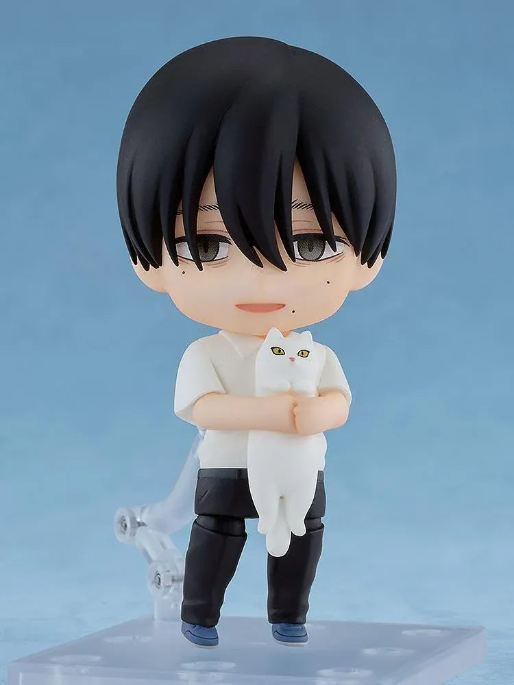 The Summer Hikaru Died Nendoroid Yoshiki Figure featuring a black-haired anime boy with gray eyes, a calm expression, white short-sleeved school shirt, dark pants, and blue-gray shoes in a cute chibi design.