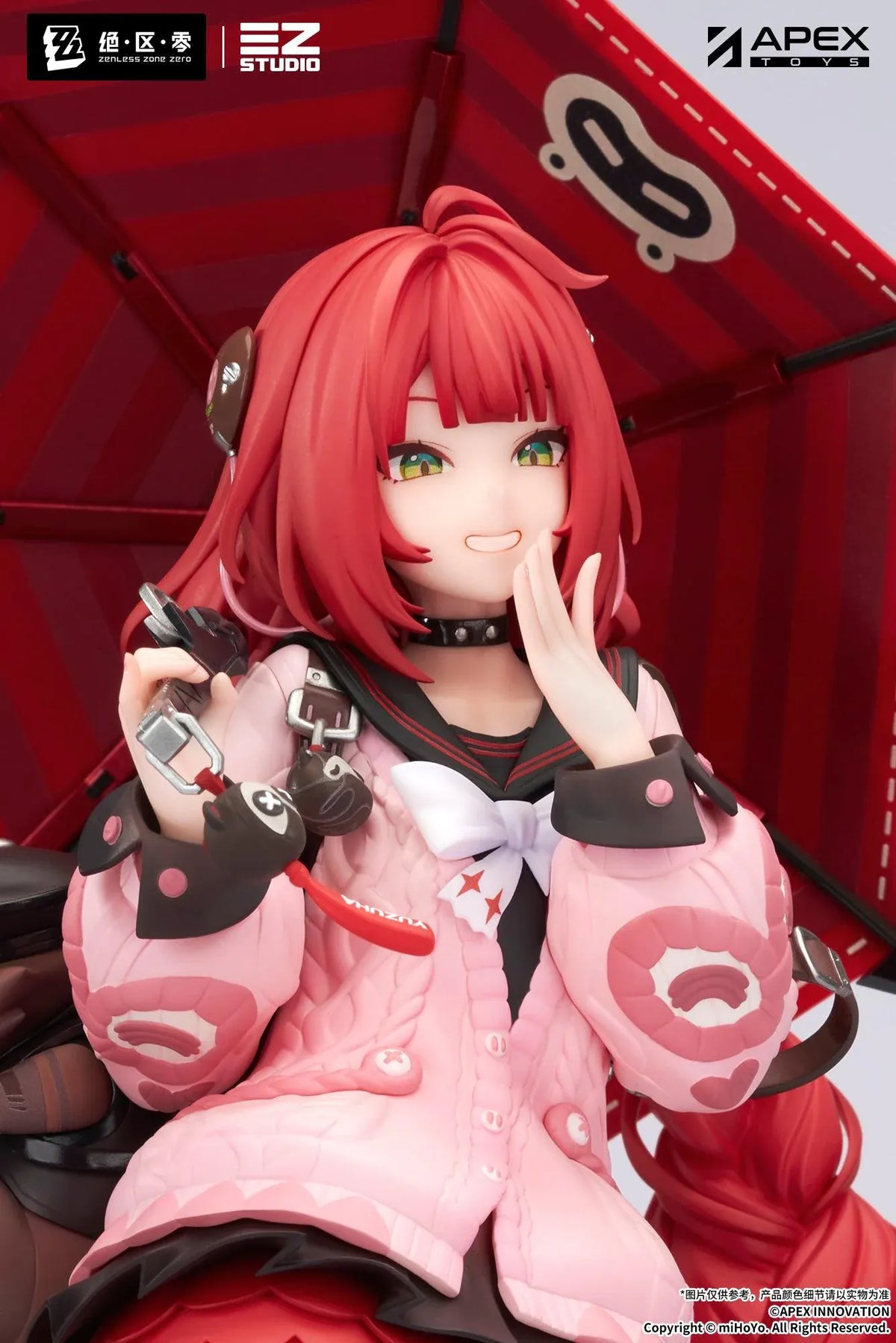 Zenless Zone Zero Yuzuha Ukinami 1/7 Scale Figure by APEX Toys featuring a red-haired anime girl with long braided twin-tails, green eyes, a pink jacket, layered red skirt, striped thigh-high stockings, and black boots while holding a large red umbrella on a circular display base.