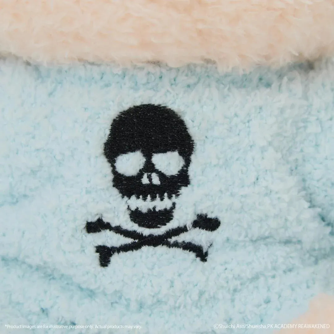 The Disastrous Life of Saiki K. Shun Kaido Fukamokogurumi Plushie featuring spiky light-blue hair, embroidered eyes, a cheerful smile, and a fluffy blue outfit with a black skull and crossbones design in a cute seated pose.