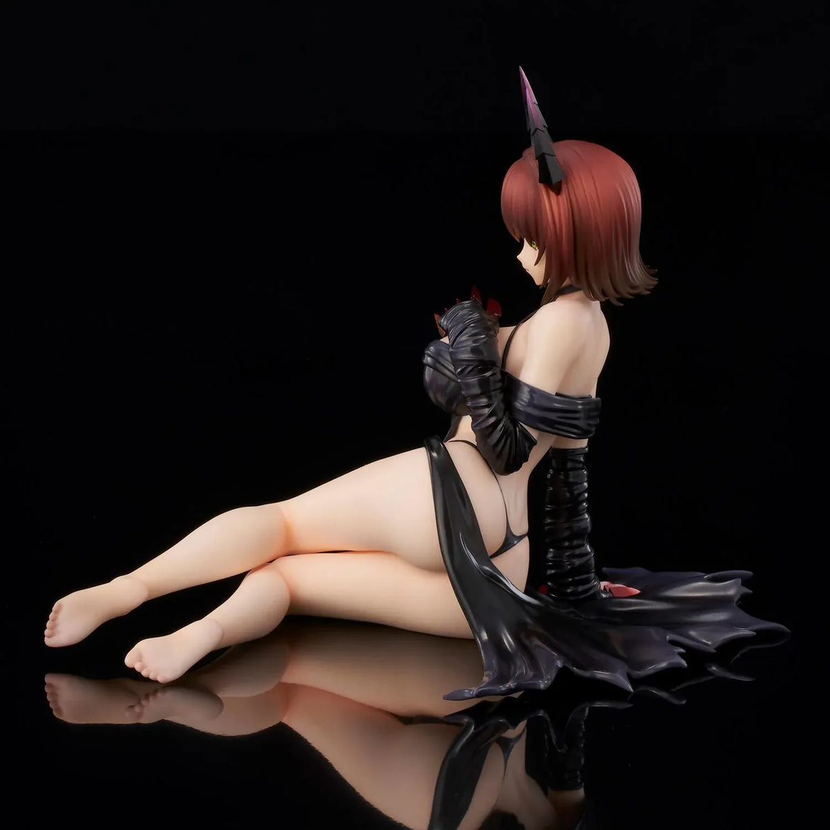 To Love-Ru Darkness Ryoko Mikado Darkness Ver. Figure (Rerelease) featuring a short reddish-brown-haired anime woman with green eyes, black horns, a revealing black outfit, long gloves, and red claw-like accents in a seated pose.