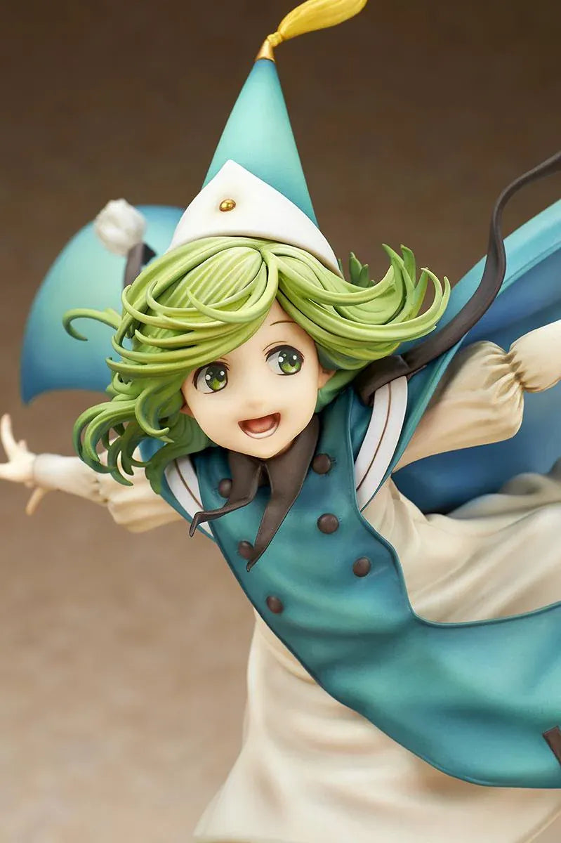 Witch Hat Atelier Coco 1/6 scale figure in a dynamic airborne pose wearing a pointed witch hat, cream dress, teal cloak, and golden shoes.
