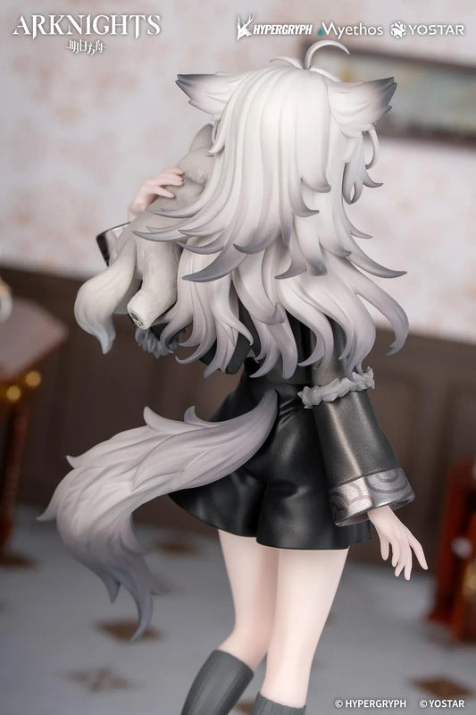 Arknights Rhodes Kids Series Lappland figure wearing a black-and-white uniform and holding a small wolf companion.