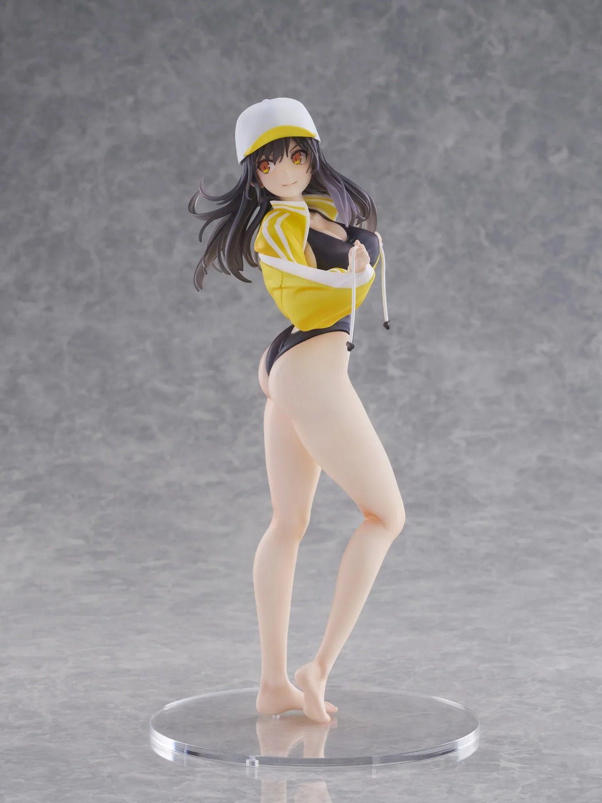 KoiKoi Sakura Kyou kara Suieibu Komon no Tama-chan Sensei 1/6 Scale Figure featuring a dark-haired anime woman with golden eyes wearing a black swimsuit, yellow athletic jacket, and white cap with a yellow brim, posing barefoot on a transparent circular base.