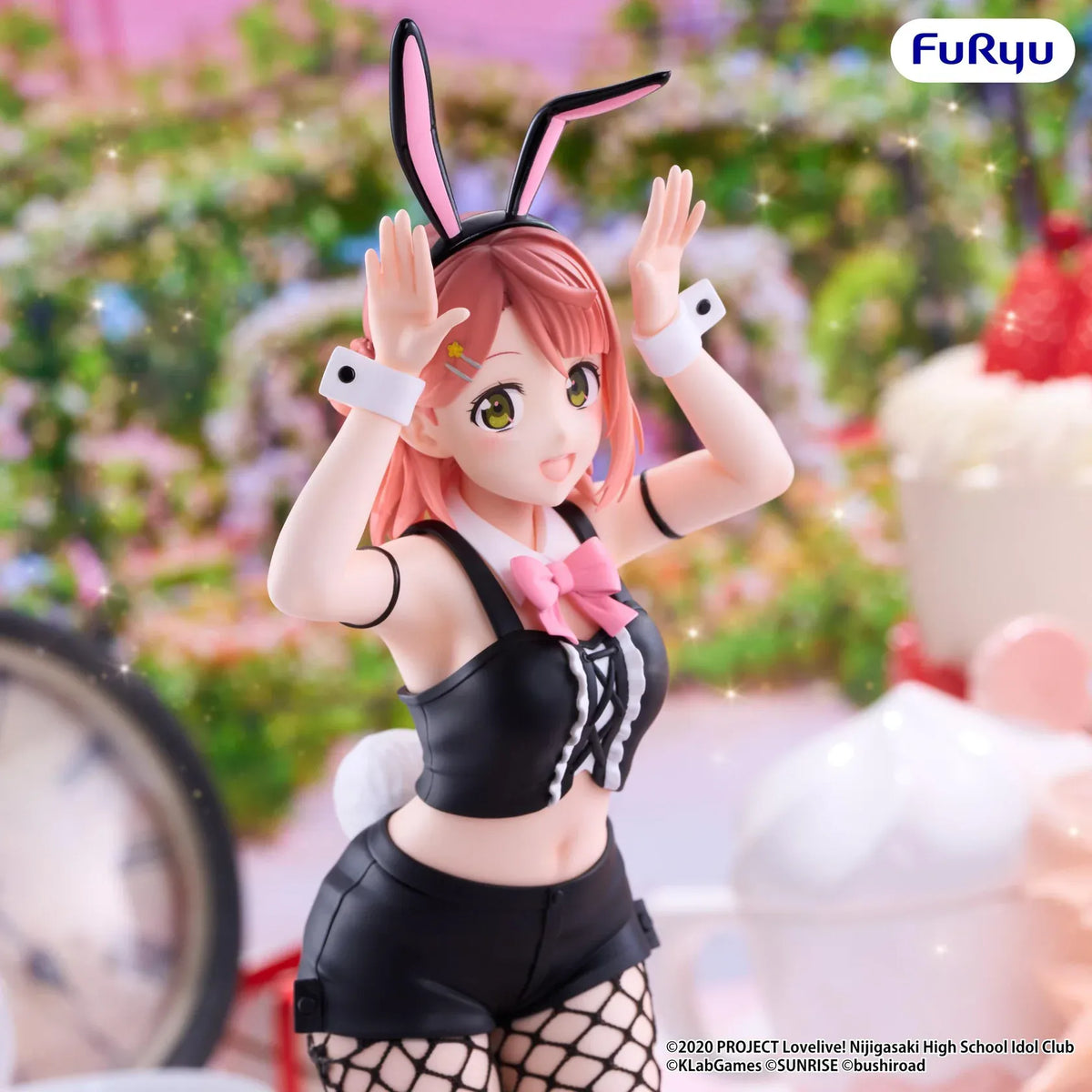 Ayumu Uehara BiCute Bunnies figure with reddish-pink hair, black bunny ears, a pink bow, patterned stockings, and tall black boots.