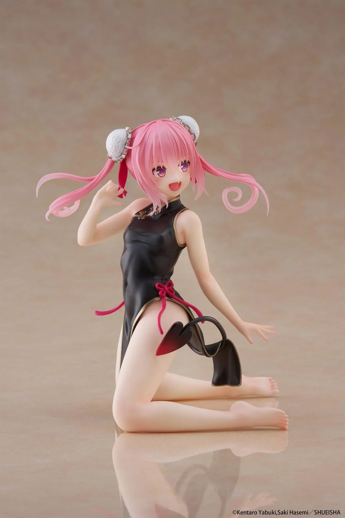 To Love-Ru Darkness Desktop Cute Nana (Chinese Dress Ver.) Figure featuring Nana Astar Deviluke in a black and red cheongsam with twin tails and heart-shaped tail design.