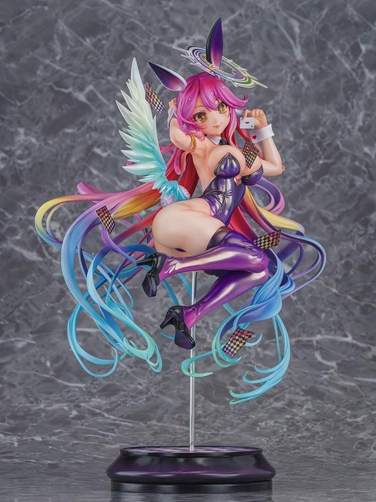 No Game No Life Jibril Bunny Ver. 1/6 Scale Figure featuring a pink-haired anime girl with flowing multicolored strands, golden eyes, purple bunny ears, a glossy purple bunny suit, thigh-high stockings, feathered wings, and a halo floating above a checkered display base.