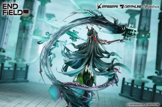 Arknights Endfield Zhuang Fangyi 1/7 scale figure with teal hair and a green outfit, surrounded by a curling dragon and translucent turquoise blades.