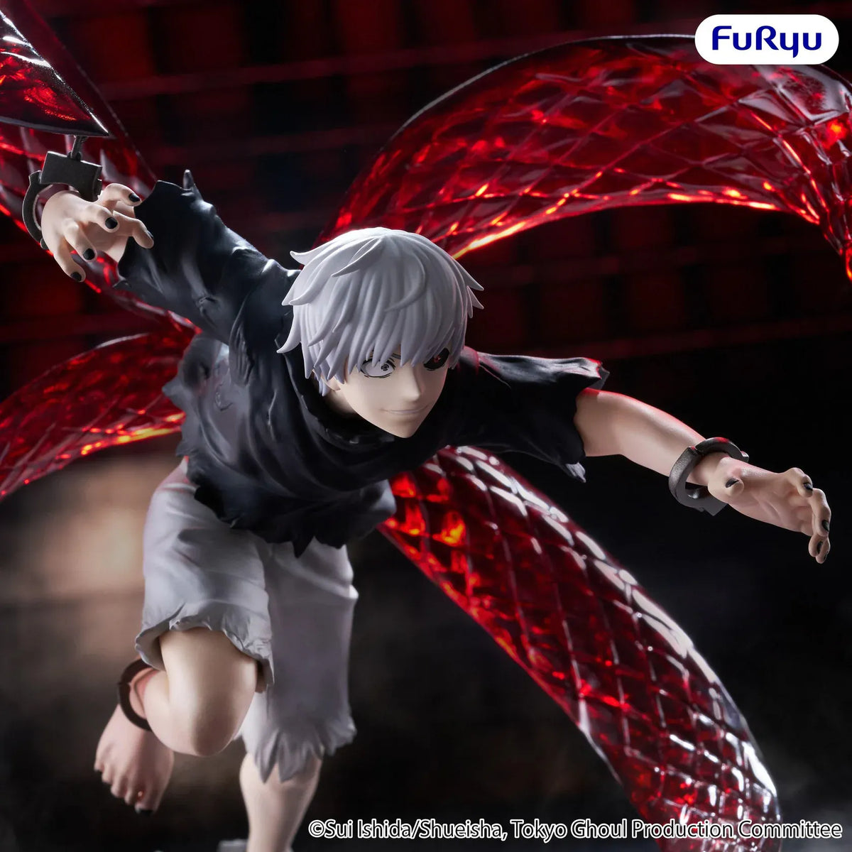 Ken Kaneki Muchute figure charging forward with white hair, an exposed ghoul eye, and four translucent red kagune surrounding him.
