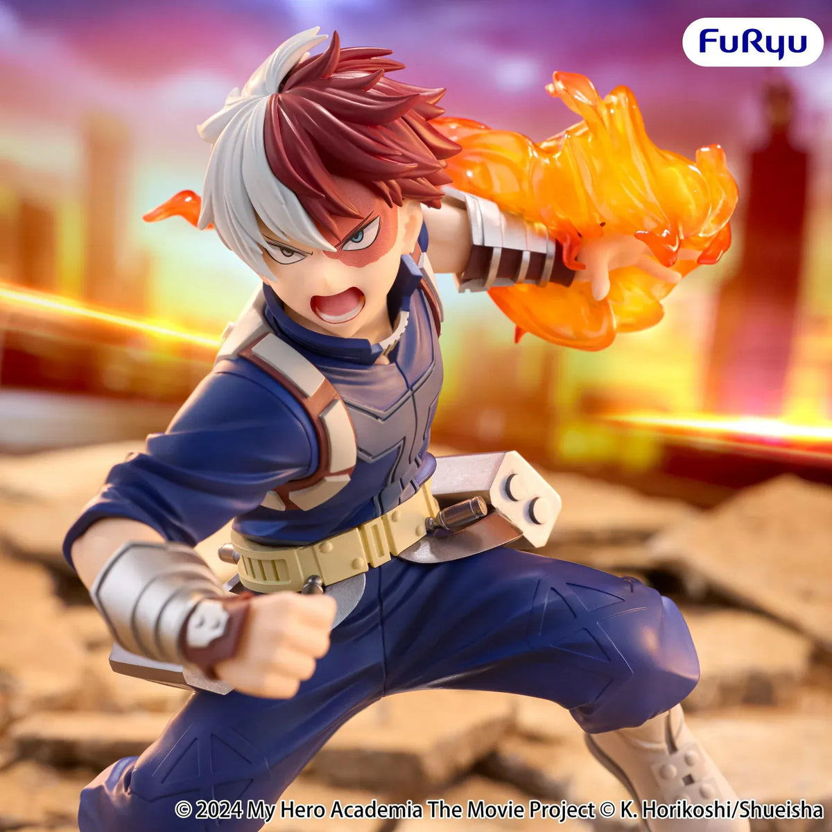 My Hero Academia You're Next Muchute Shoto Todoroki figure in a navy hero costume, posed with one knee raised and orange flames around his extended arm.