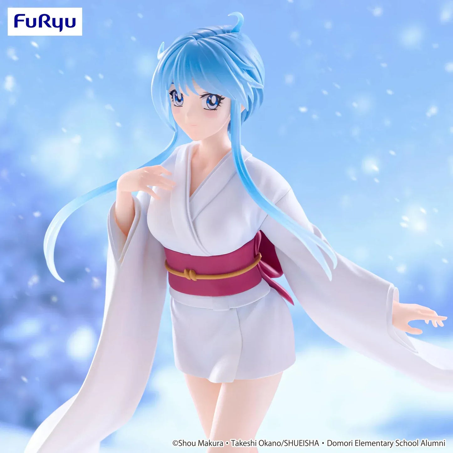 Anime figure of Yukime from Hell Teacher: Jigoku Sensei Nube walking across a snowy base in a flowing white yukata with long blue hair and a red obi.
