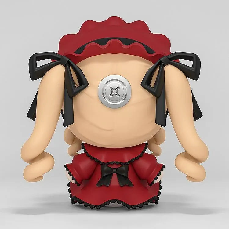 Rozen Maiden Huggy Good Smile Shinku Figure featuring a blonde-haired anime doll with blue eyes, long twin drill curls, a deep red gothic dress, black ribbons, rose decorations, and a matching red bonnet in a cute seated chibi design.