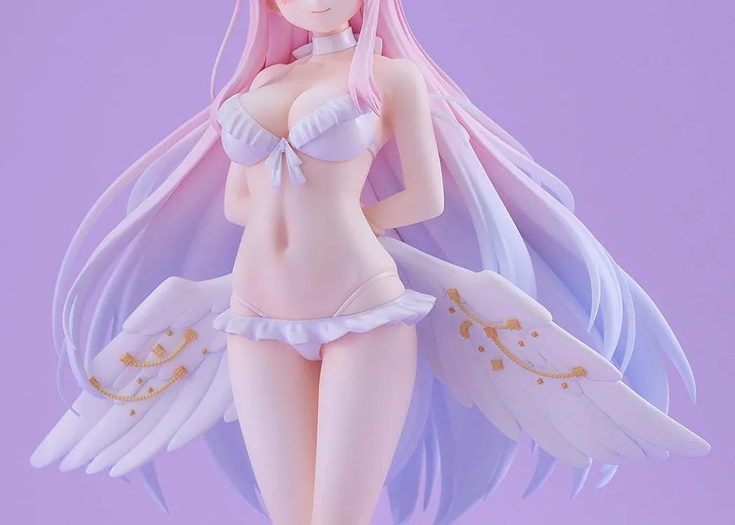 Blue Archive Mika Swimsuit figure with long pink and lavender hair, a white ruffled swimsuit, halo, feathered wings, and ribbon heels on a purple base.