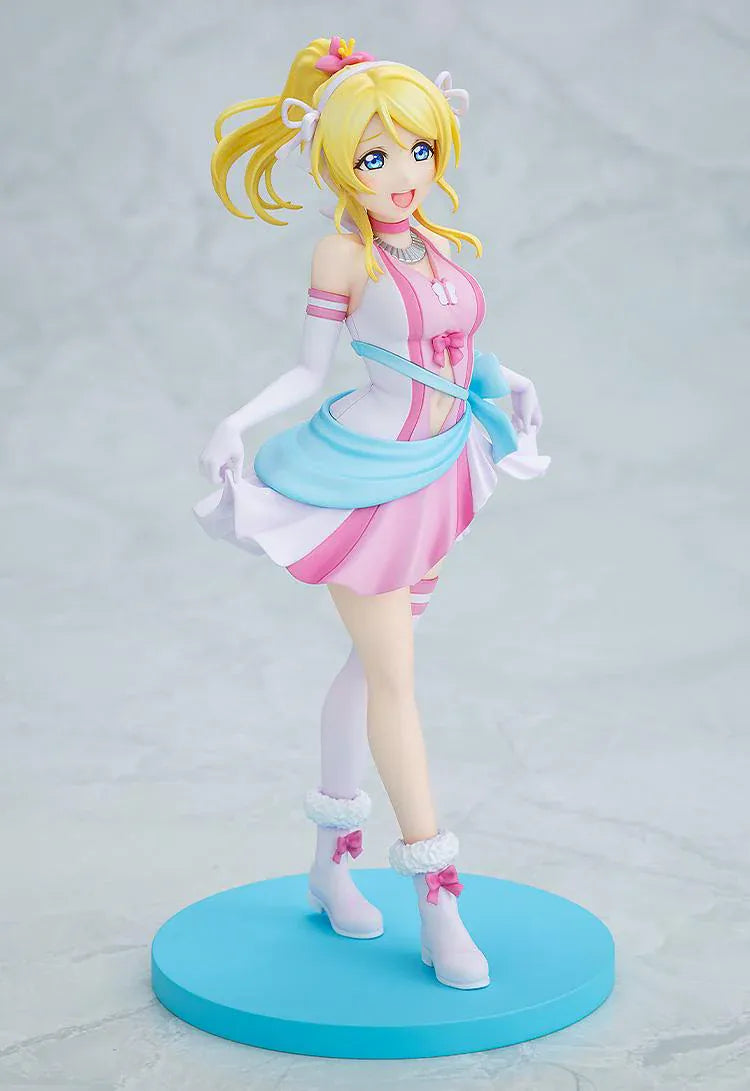 Love Live School Idol Project Eli Ayase Bokutachi wa Hitotsu no Hikari Ver. Figure with blonde hair, pink-and-white idol outfit, blue sash, and display base