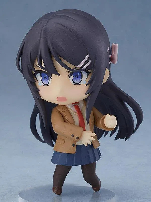 Rascal Does Not Dream of Bunny Girl Senpai Nendoroid Mai Sakurajima Figure (Rerelease) featuring a black-haired anime girl with blue eyes wearing a brown school blazer, red necktie, navy-blue pleated skirt, dark tights, and holding a black bunny ears accessory.