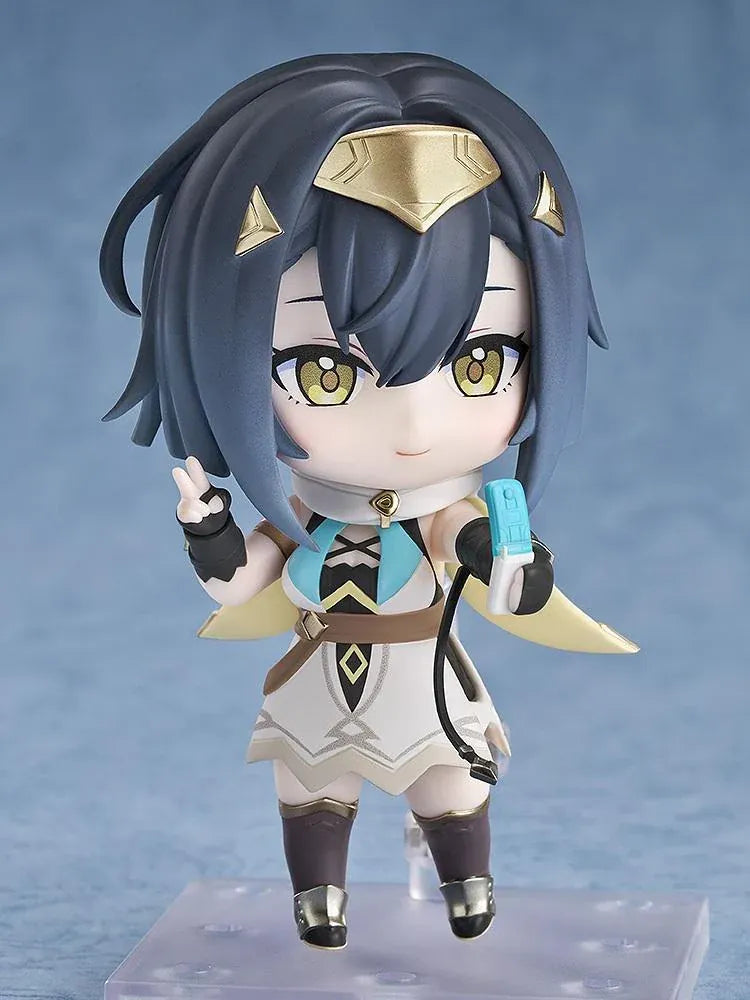Stella Sora Nendoroid Amber Figure featuring a dark blue-haired anime girl with golden eyes wearing a white and teal outfit with gold accents, black gloves, armored boots, and holding two silver weapons.