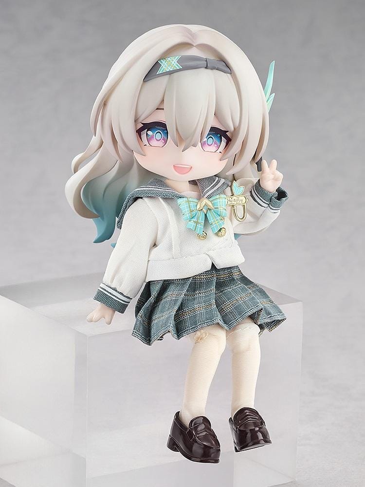 Honkai Star Rail Nendoroid Doll Firefly Spring Missive Ver. featuring silver-blonde hair, colorful eyes, a white sailor-style blouse, green plaid skirt, matching bow, cream knee-high socks, brown loafers, and a brown shoulder bag.