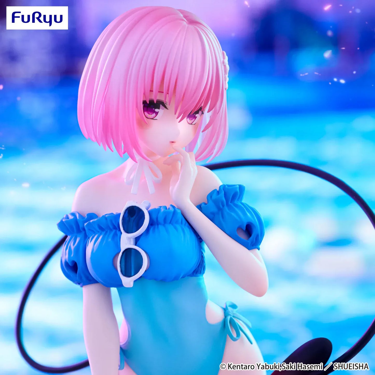 To Love-Ru Darkness Trio-Try-iT Momo Belia Deviluke Figure reissue featuring Momo in a blue swimsuit with pink hair, devil tail, and summer poolside theme