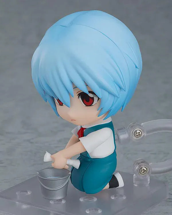 Rebuild of Evangelion Nendoroid Rei Ayanami Figure Rerelease featuring Rei with light blue hair, red eyes, school uniform, and school bag accessory.