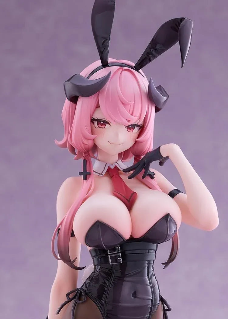 Stella Sora Bernina Bunny Ver. 1/7 Scale Figure featuring a pink-haired anime girl with reddish-pink eyes wearing a black corset-style bunny outfit, tall bunny ears, sheer tights, red heels, and bat-like wings on a purple display base.
