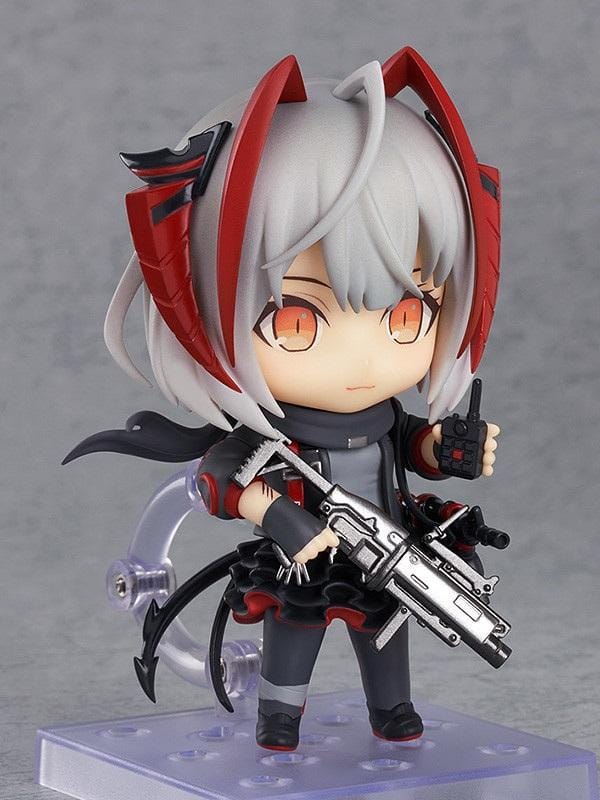 Arknights Nendoroid W Figure (Rerelease) featuring a silver-gray-haired anime girl with orange eyes, red and black horns, a black and red combat outfit, flowing scarf, and weapon accessories in a cute chibi design.