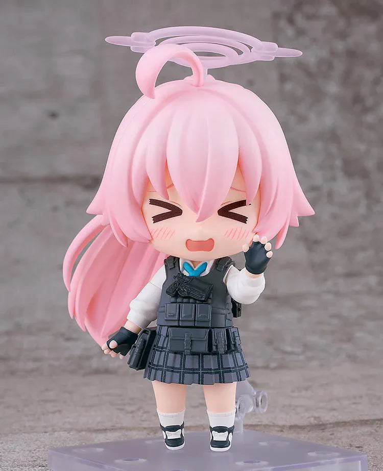 Blue Archive Nendoroid Hoshino Takanashi Armed Figure featuring Hoshino with pink hair, halo detail, tactical gear, weapon accessory, and large shield.