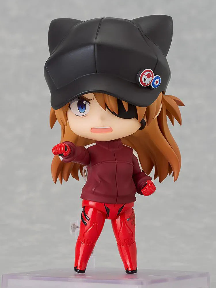 Rebuild of Evangelion Nendoroid Asuka Shikinami Langley Jersey Ver. Figure featuring Asuka in a chibi-style design with orange hair, black cat-ear cap, red jersey outfit, and eyepatch detail.