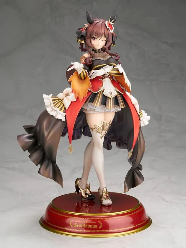 Umamusume Pretty Derby Gentildonna 1/7 Scale Figure featuring a brown-haired horse girl with a playful wink, an elaborate black, red, and gold outfit, flowing decorative fabric, white ruffles, ornate accessories, elegant stockings, and gold-accented heels standing on a red and gold circular display base.