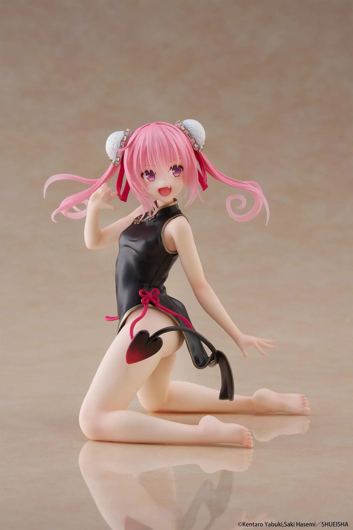 To Love-Ru Darkness Desktop Cute Nana (Chinese Dress Ver.) Figure featuring Nana Astar Deviluke in a black and red cheongsam with twin tails and heart-shaped tail design.