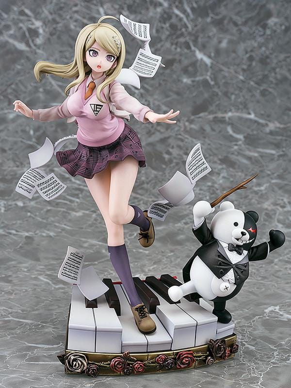 Danganronpa V3 Kaede Akamatsu 1/7 scale figure posed with floating sheet music and Monokuma on an ornate piano-key base.