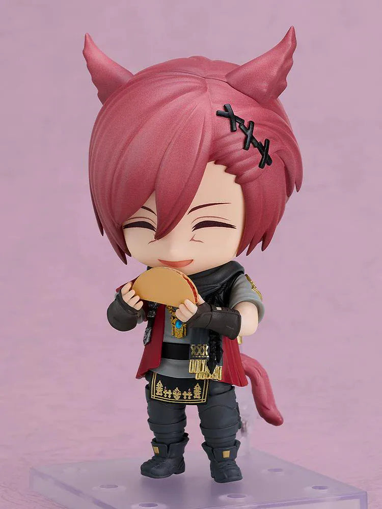 Final Fantasy XIV Nendoroid G'raha Tia Figure with red hair, cat ears, tail, cape, and staff weapon accessory