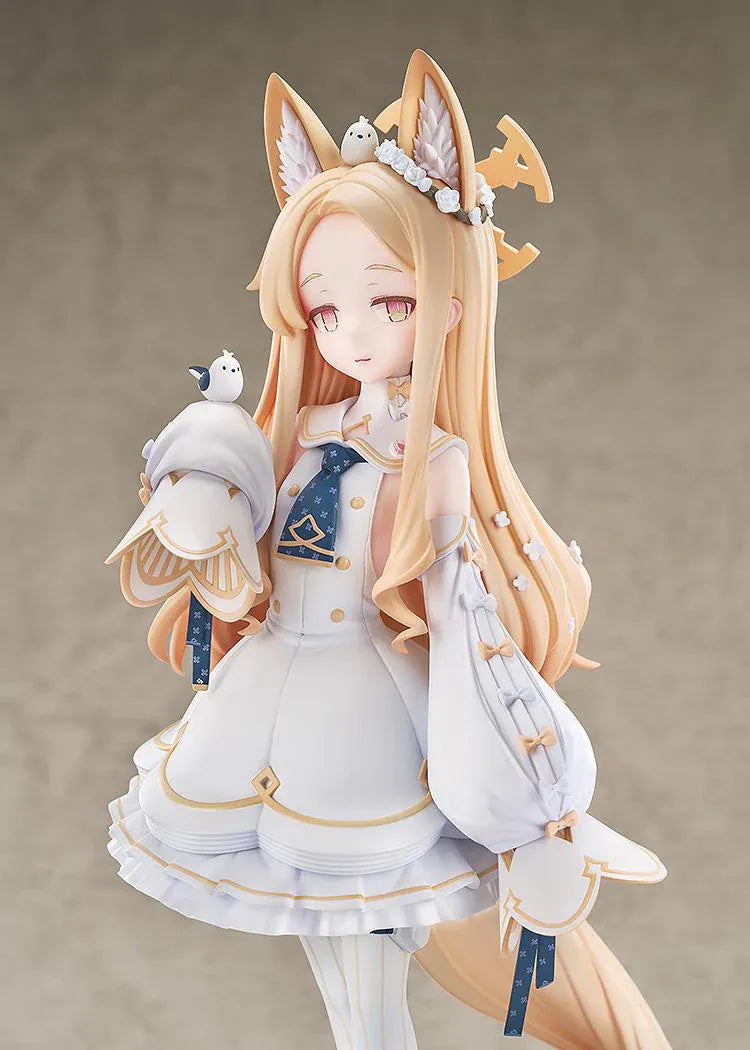 Blue Archive Seia 1/7 Scale Figure with long blonde hair, fox-like ears, white-and-gold outfit, halo, bird companion, and display base