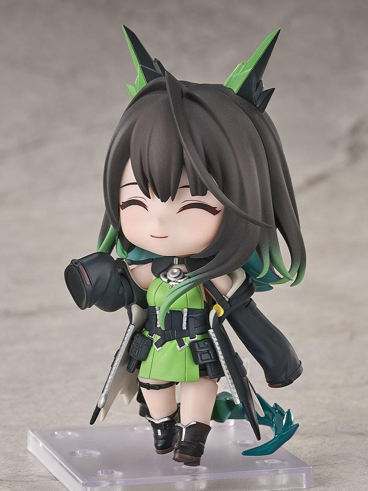 Arknights Nendoroid Mon3tr figure wearing a black-and-green tactical outfit with oversized gauntlets and crystalline appendages.