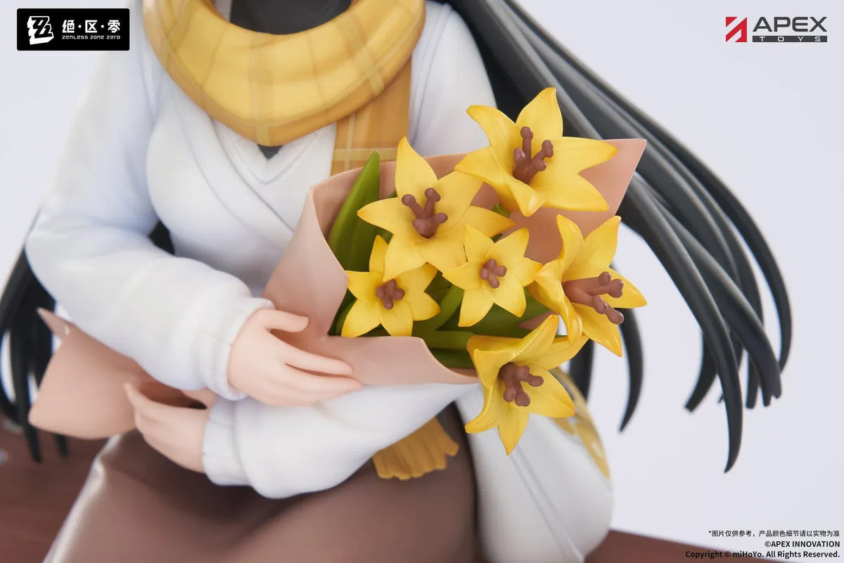 Zenless Zone Zero LIMEPIE Hoshimi Miyabi Daybreak Ver. 1/8 scale figure seated on a bench while holding yellow flowers in a casual outfit.