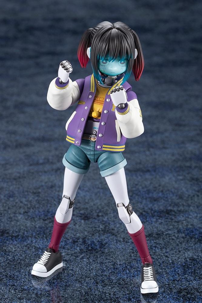 Milky Subway The Galactic Limited Express Makina Model Kit Figure featuring a robotic anime girl with black twin-tail hair, a blue-tinted face, a purple varsity jacket with white sleeves, denim shorts, mechanical arms and legs, burgundy socks, and black-and-white sneakers.