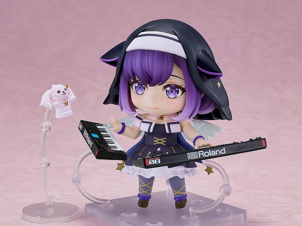 BanG Dream! Nendoroid Miyako Fuji figure with purple hair, a black hood, gold star details, white wings, and a pink character companion.