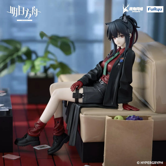Arknights Texas Will Ver Noodle Stopper Figure featuring Texas seated in a red shirt, green tie, black skirt, oversized jacket, and red boots
