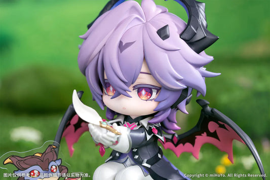 Genshin Impact Durin Floral Wanderings ver. with Bonus Non Scale Figure featuring Durin with lavender hair, horns, bat-like wings, books, companion illustration, and themed display base.