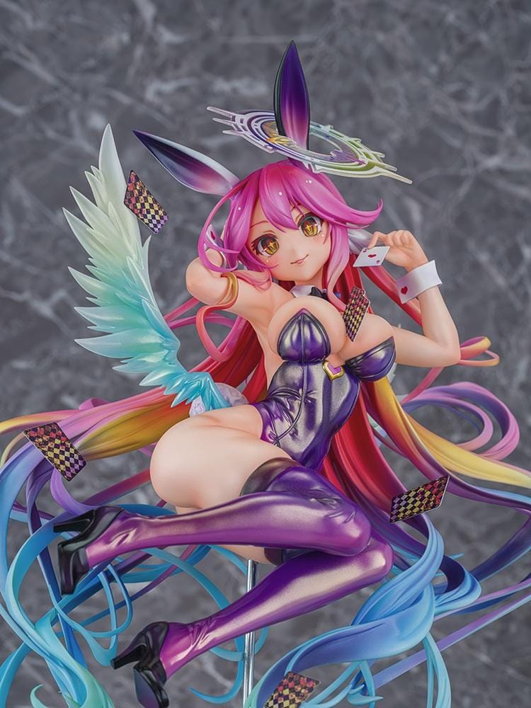 No Game No Life Jibril Bunny Ver. 1/6 Scale Figure featuring a pink-haired anime girl with flowing multicolored strands, golden eyes, purple bunny ears, a glossy purple bunny suit, thigh-high stockings, feathered wings, and a halo floating above a checkered display base.