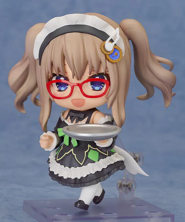 9-nine Nendoroid No.2868 Miyako Kujo Maid Ver chibi figure with red glasses, black-and-white maid outfit, tray and menu