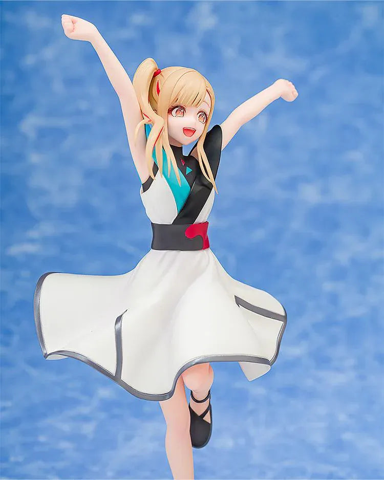 Kaguya Collaboration Concert Ver. figure with blonde hair, raised arms, a white dress with turquoise and black accents, and black ankle-strap shoes.