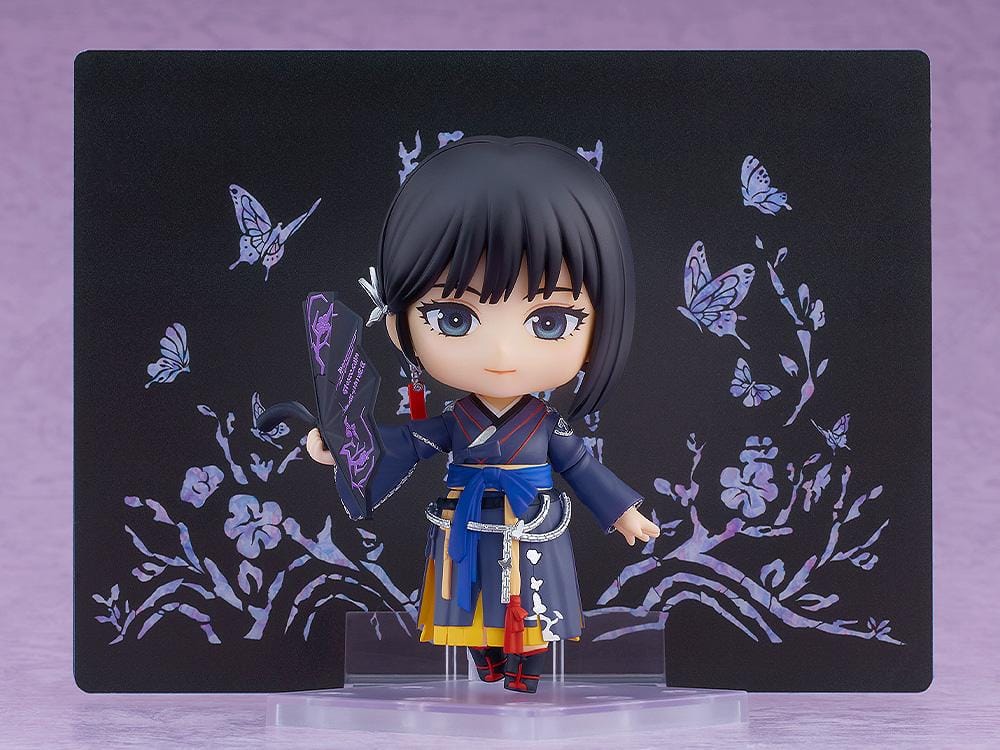 Black Desert Nendoroid Woosa figure wearing a traditional blue outfit and holding a black fan accessory