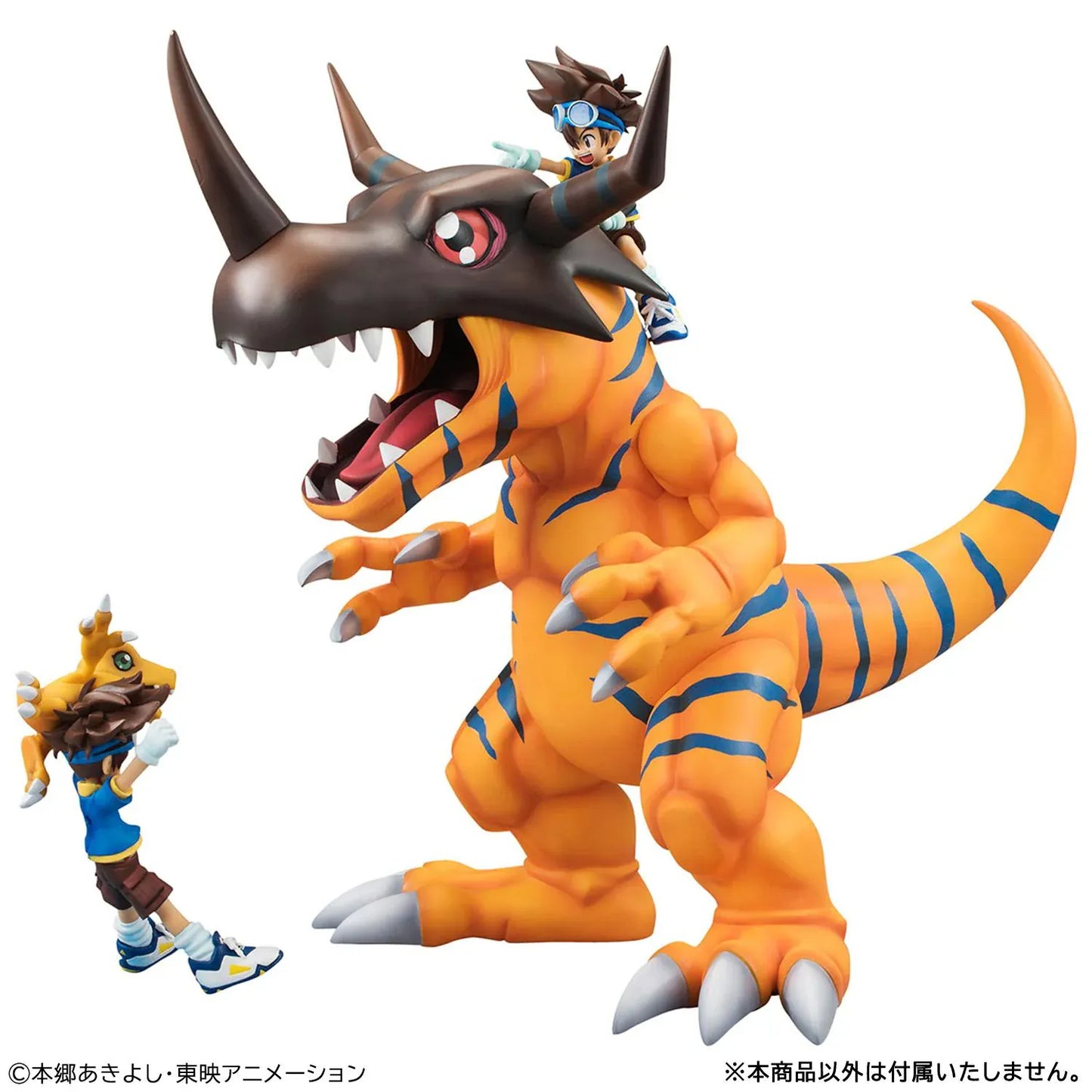 Digimon Adventure Precious G.E.M. Series Greymon and Taichi Yagami Reissue featuring Greymon in a roaring pose with Taichi riding above.