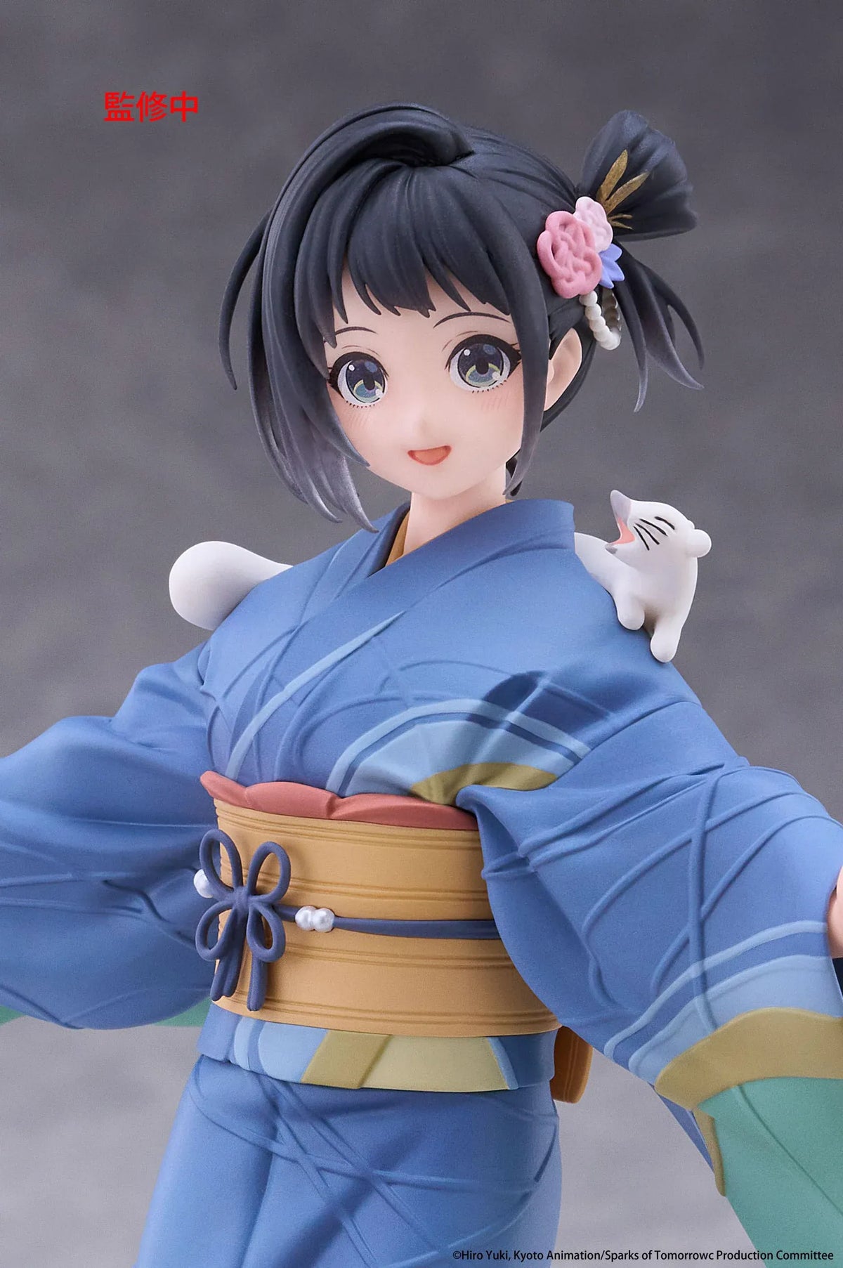 Sparks of Tomorrow Inako Momokawa Coreful Figure featuring a dark-haired anime girl with a pink floral hair accessory, blue kimono with gold and green accents, golden obi, brown boots, and a small white cat perched on her shoulder, standing on a textured circular base.