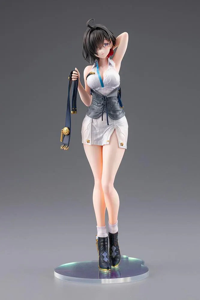 Atelier Yumia The Alchemist of Memories & the Envisioned Land Yumia Liessfeldt Sun Shower Ver. 1/7 Scale Figure featuring a short black-haired anime woman with blue eyes wearing a white outfit, black corset, and black ankle boots while holding a dark strap on a circular display base.